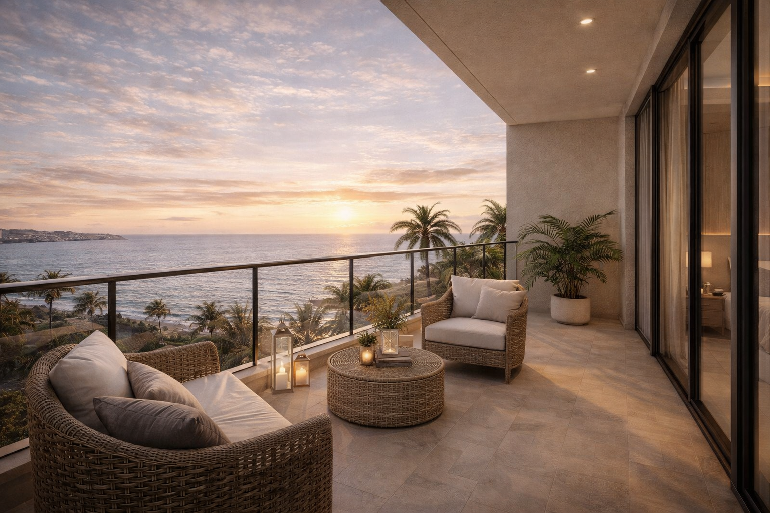 luxuriöser balkon mit meerblick bei sonnenuntergang