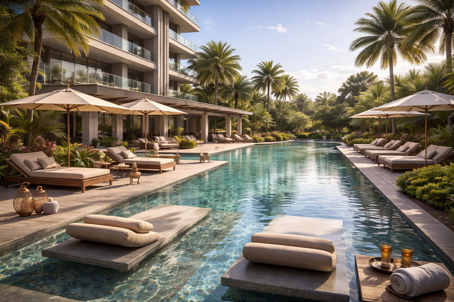 luxuriöser poolbereich im garten