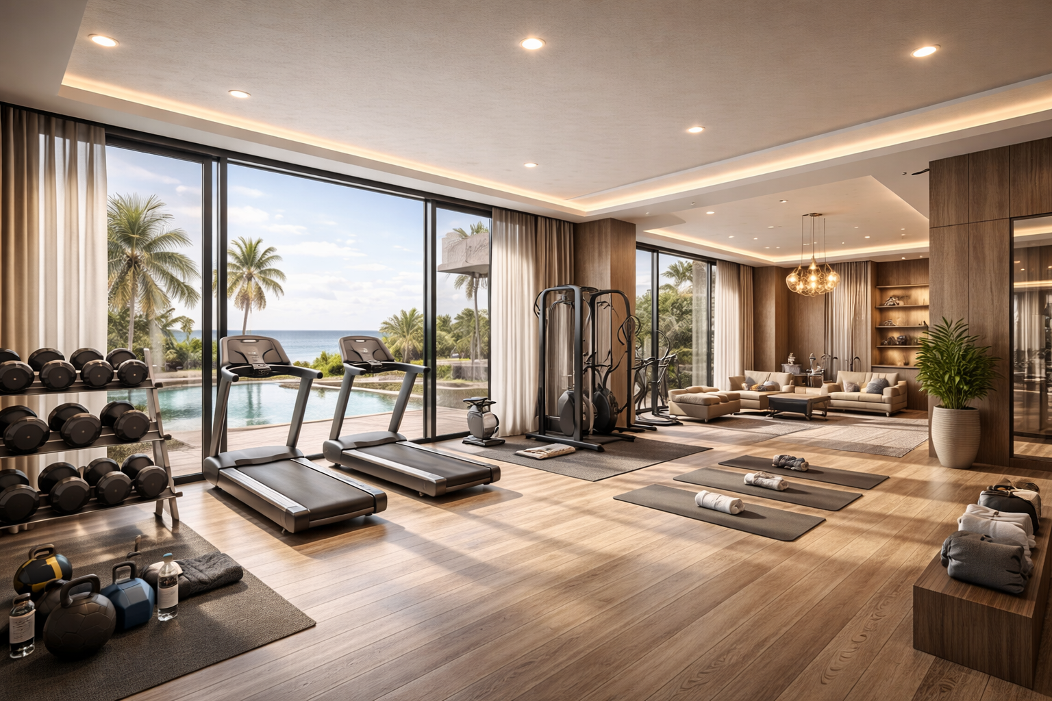 luxuriöses fitnessstudio mit meerblick