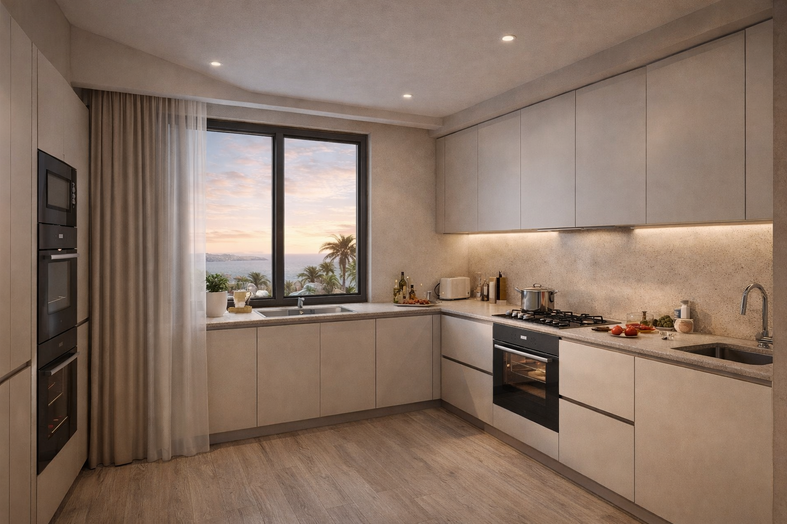 moderne küche mit meerblick zur dämmerung